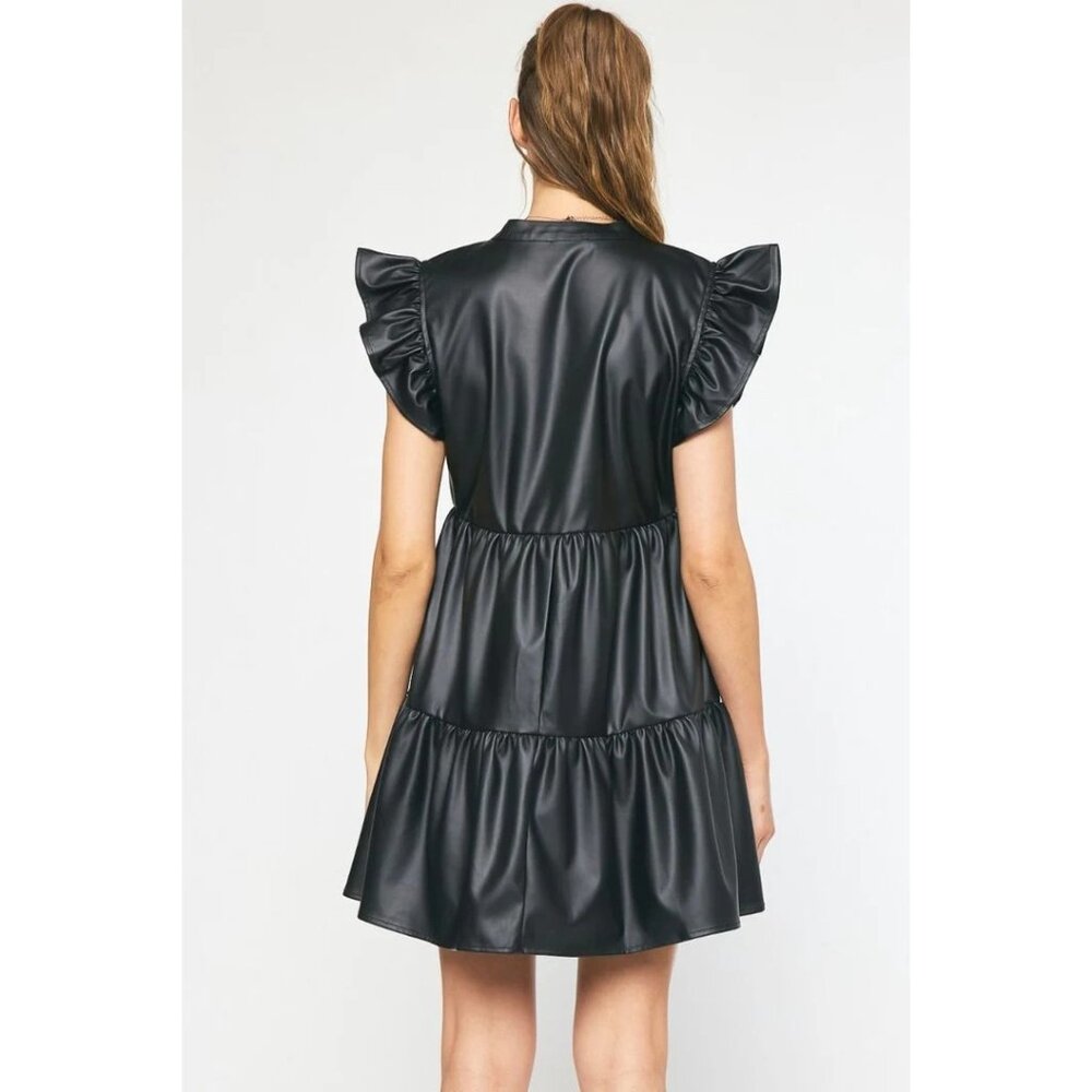 Entro Black Faux Leather Tiered Ruffle Sleeve V-neck Mini Dress Size Medium - Picture 5 of 10